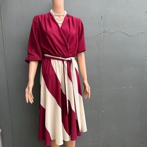 Vintage 80s Burgundy Cream Striped Surplice Midi Dress Size 12 Wine Classic Prep